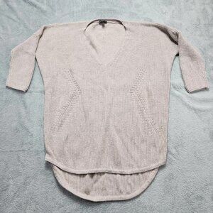 Express Sweater Women's Small Beige Cotton V-Neck Tunic Oversized High Low Knit